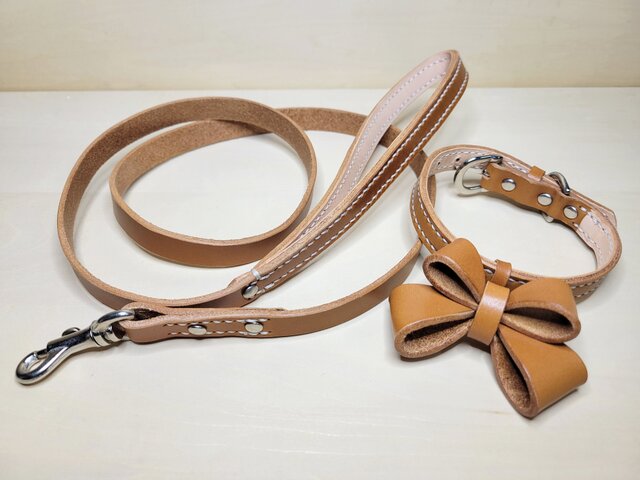 本革製 小型犬向き 【リード＋リボン付き首輪】Set (キャメル