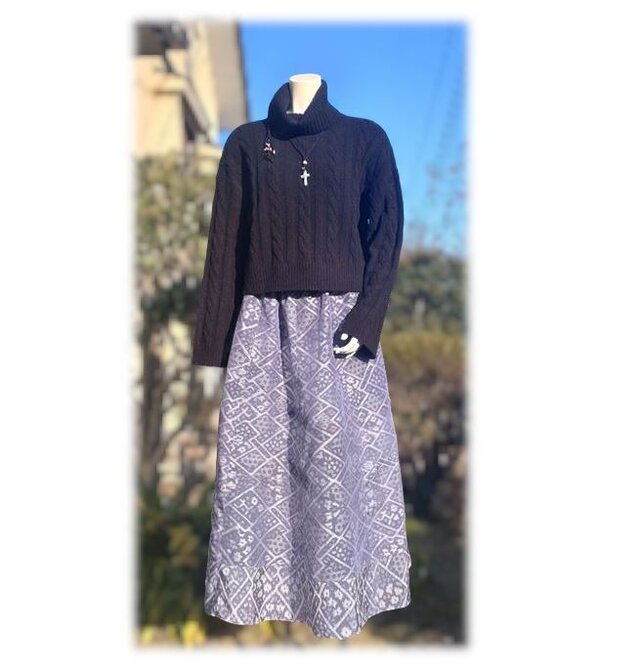 184　ロングフレアスカート　村山大島紬　着物アップサイクル　グレイッシュパープル　ダイヤ柄　裾切り替え　ギャザーフレア