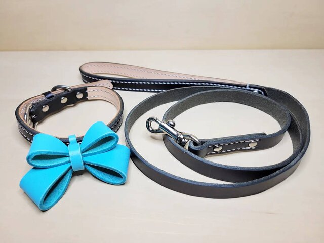 本革製 小型犬向き 【リード＋リボン付き首輪】Set (ブラックxご希望