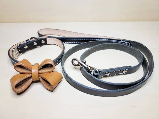 本革製 小型犬向き 【リード＋リボン付き首輪】Set (ブラックxご希望