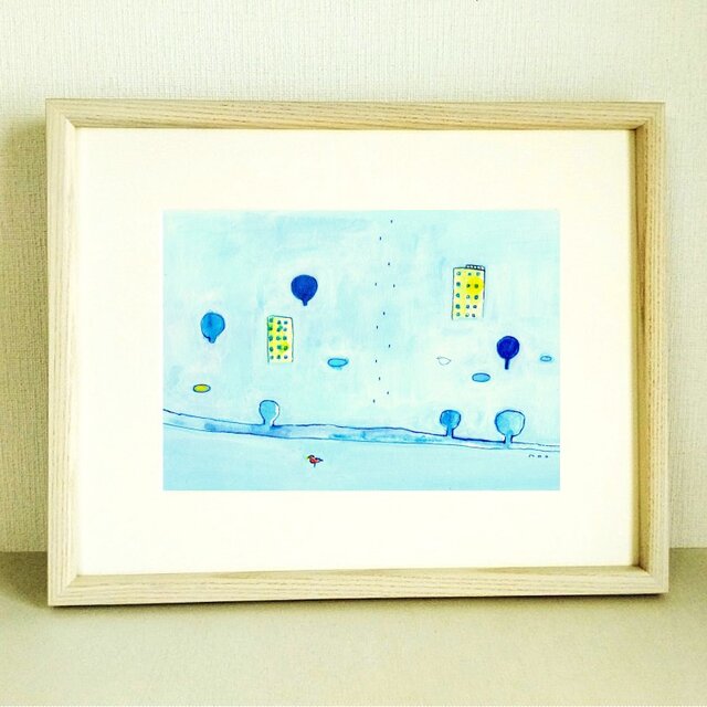 絵画｜原画「ツグミの町」水彩 イラスト※木製額縁入り（八つ切りサイズ）