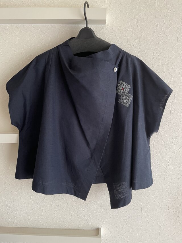 バックパッチワーク　フレンチ前ドレープブラウス　藍　 VT２