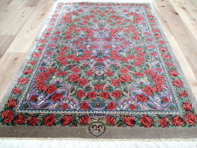 ペルシャ絨毯クム産シルク 薔薇 タバタバイ工房 玄関マット 93x60cm 