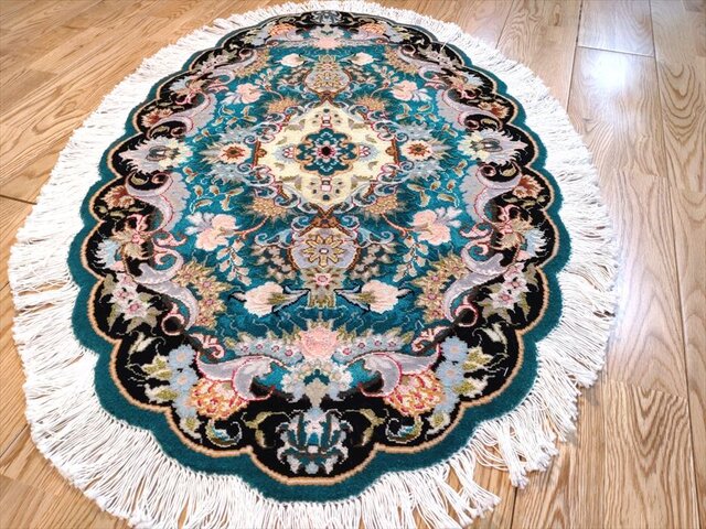 ペルシャ絨毯タブリーズ産フラワー 楕円 ウール&シルク 玄関マット