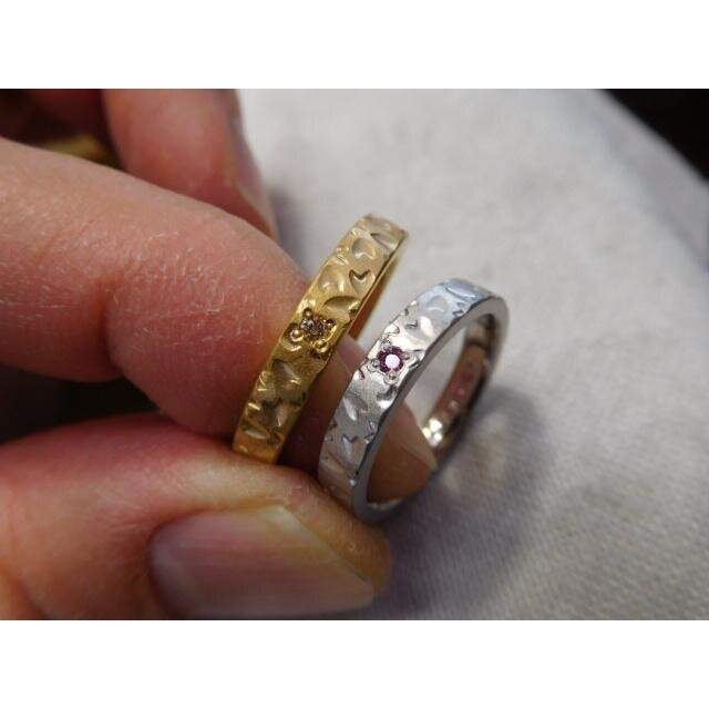 結婚指輪 k24純金 pt1000純プラチナ【鍛造】桜の槌目リング 3.5mm