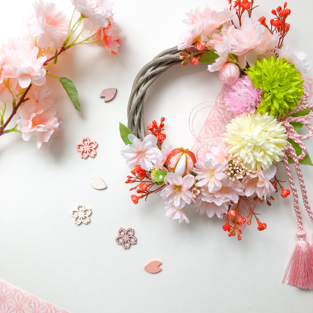 春風桜と春色マムのリース