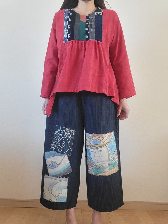 着物リメイク 古布 手作り 縞にのぼり旗 パッチワーク パンツ | iichi ...