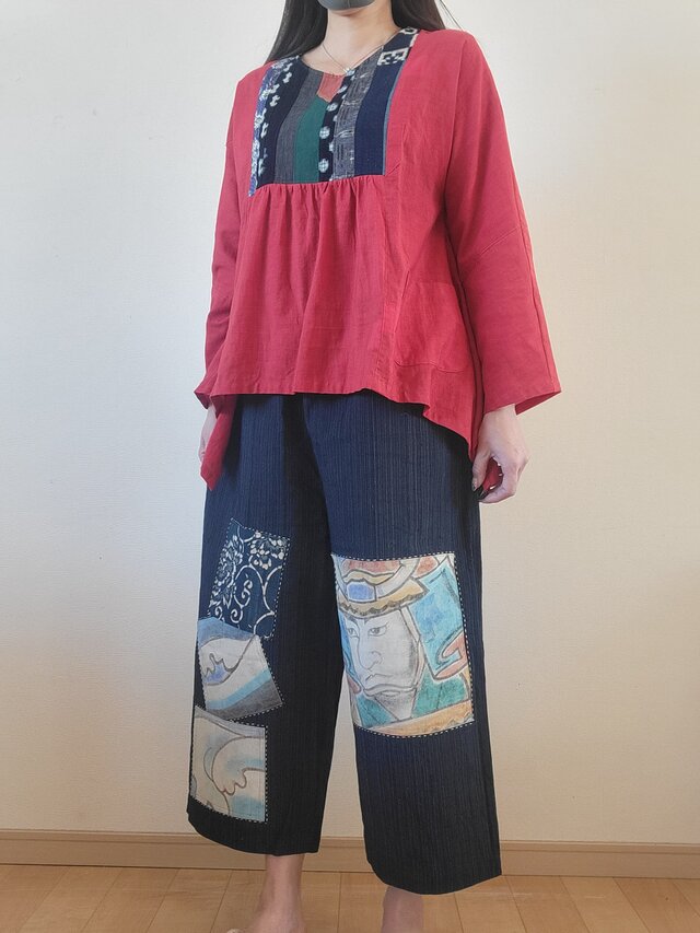 着物リメイク 古布 手作り 縞にのぼり旗 パッチワーク パンツ | iichi