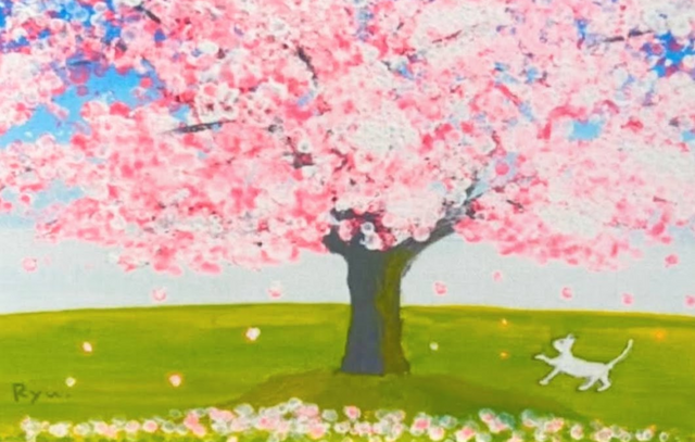 春だ』 アート ポスター 春 桜 花 木 猫 風景画 水彩画 アクリル画 