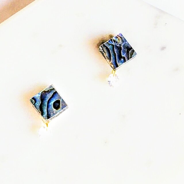 ブルースクエア螺鈿と雫のピアス【1580】