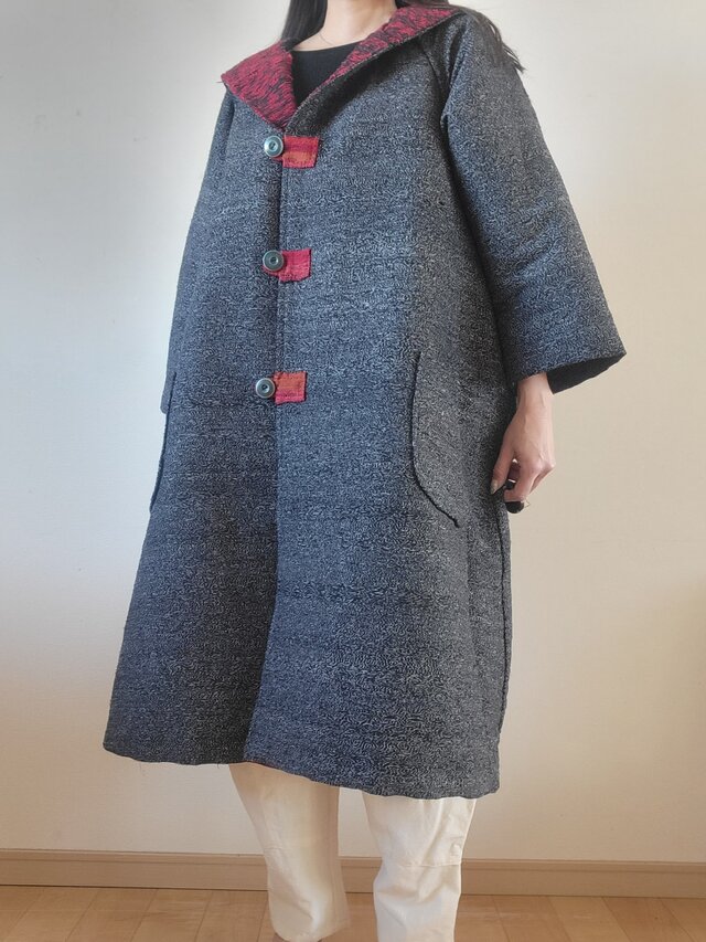 古布　手作り　裂織　フード付き　ロングコート