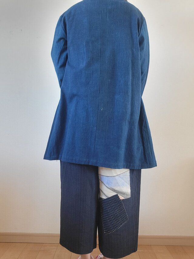 着物リメイク 古布 手作り やや地厚 藍の濃淡にのぼり旗 コート-