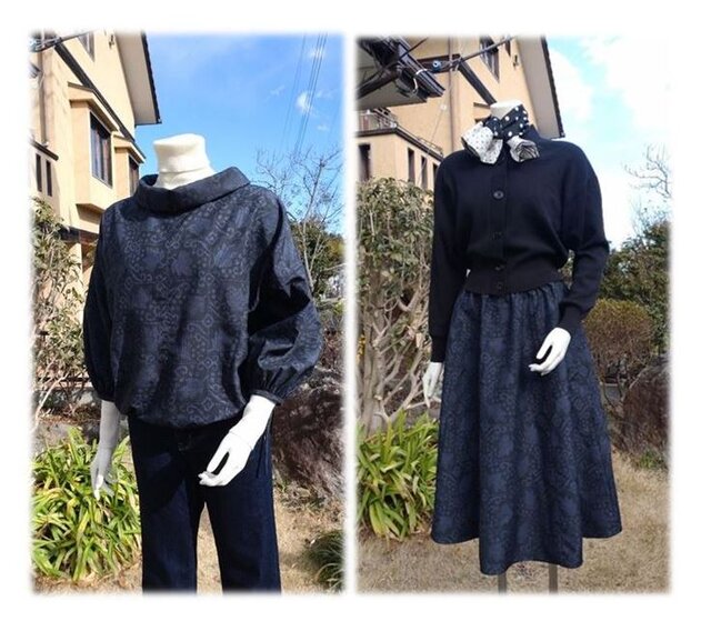 37 大島紬 着物アップサイクル レトロモードセットアップ ドレス