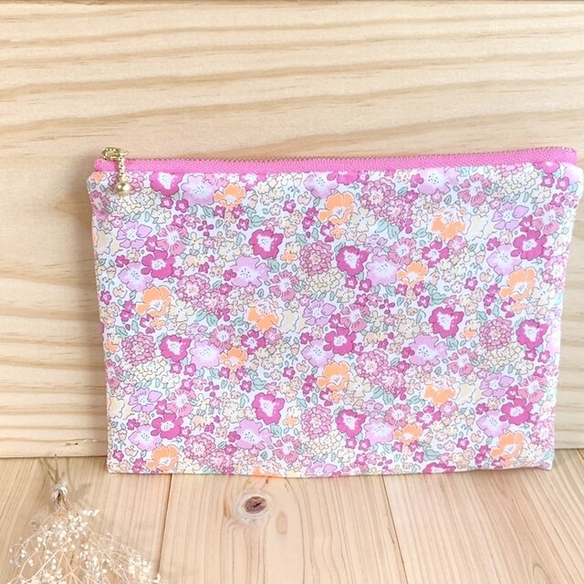 リバティ　20ｃｍファスナー　フラットポーチ　ポケット付　＜Michelle＞(ミッシェル)ネオンオレンジ・ピンク