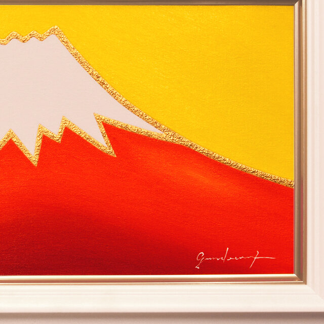 WF3横長ホワイト額付●【金の太陽の日の出赤富士】●がんどうあつし油絵富士山絵画