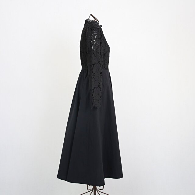 ATELIER BOZブラック レース装飾 フレアワンピース ✨丈調整できる】スタンドカラー レースコーデ風 フレアワンピース