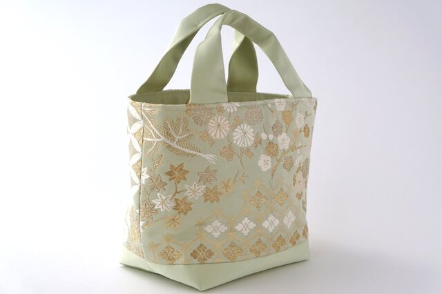 松竹梅 花模様 ライトグリーン・ゴールド シルク帯リメイク 軽量