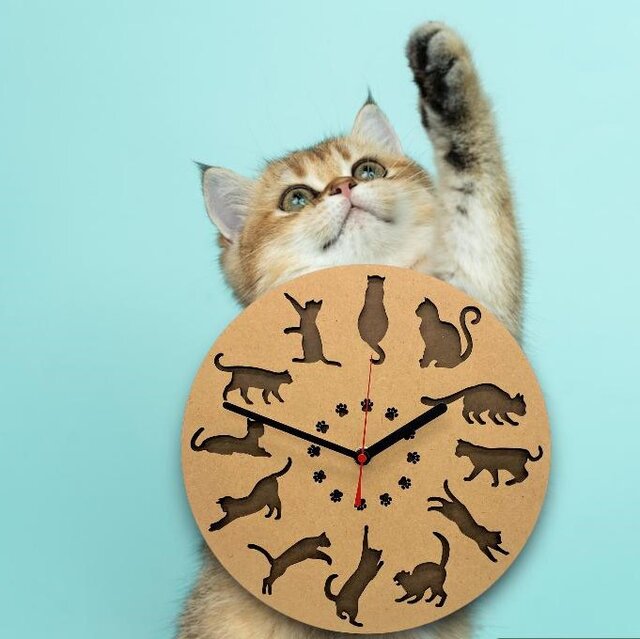 ネコ12匹のシルエット時計☆木製☆猫☆開店祝い☆ペットショップ