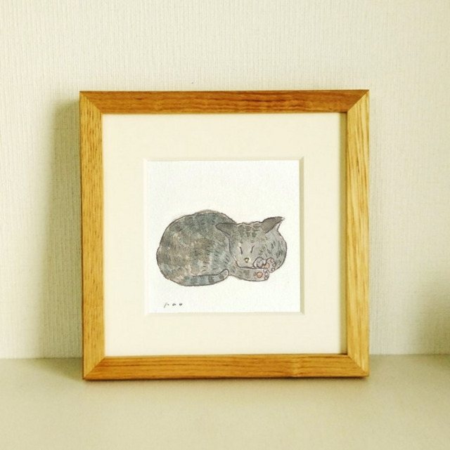 原画「眠る猫」※木製額縁入り(18×18㎝フレーム） 猫・猫の絵・絵画 | iichi  日々の暮らしを心地よくするハンドメイドやアンティークのマーケットプレイス