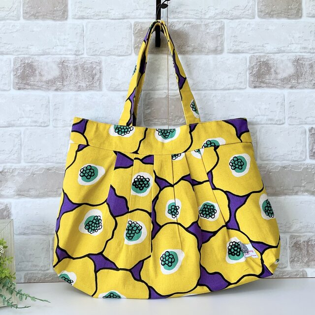 【Lサイズ】モダンヒゲナシ花柄　綿麻グラニーバッグ　イエロー　＜A4サイズ入ります＞