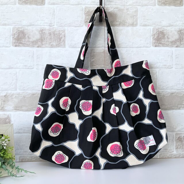 【Lサイズ】モダンヒゲナシ花柄　綿麻グラニーバッグ　ブラック　＜A4サイズ入ります＞