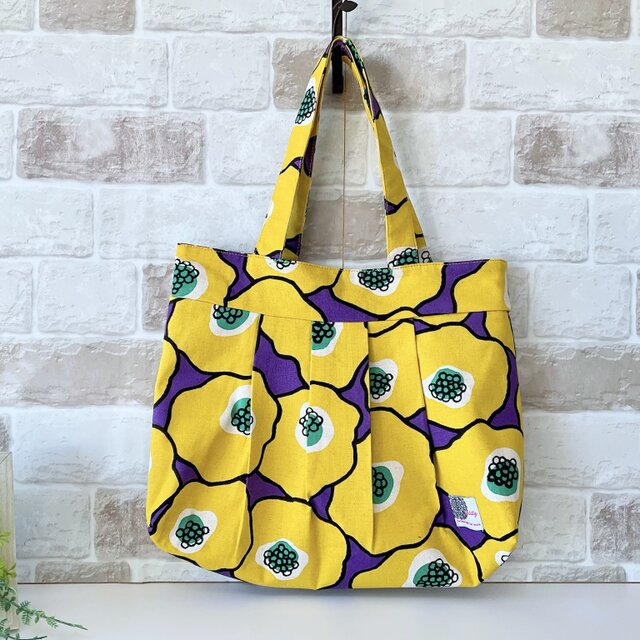 【ファスナー付きMサイズ】モダンヒゲナシ花柄　綿麻グラニーバッグ　イエロー ＜通勤バッグにオススメサイズ！＞