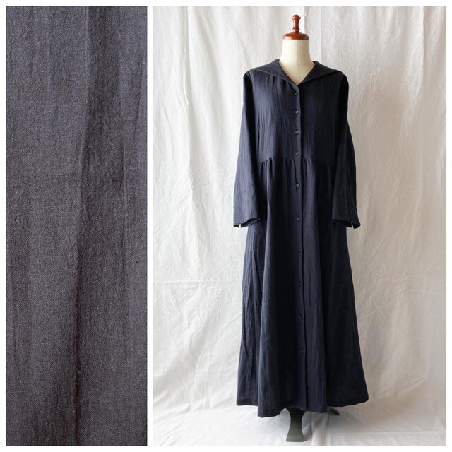 レディのためのセーラーカラーワンピース（長袖）：120cm丈（リンクルスラブ：チャコール