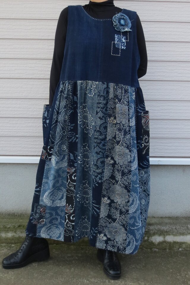 古布リメイク 2wayジャンバースカート（コサージュ付き） 藍染 型染