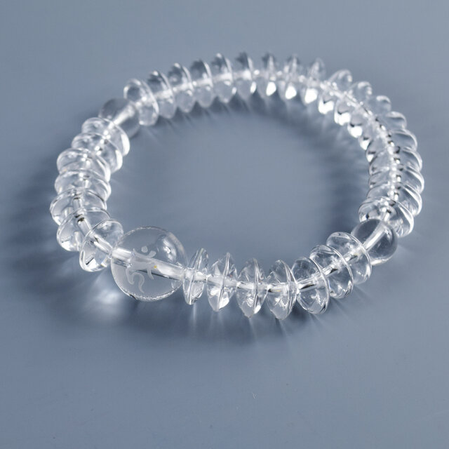 天然石　軟玉　そろばん 12mm 天然水晶 そろばん玉 不動明王梵字入 ブレスレット UDA83-18