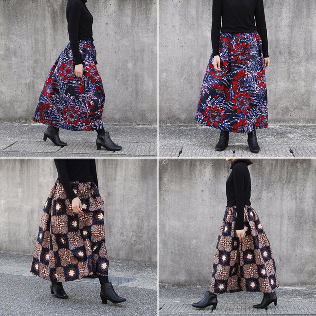 ツバメ柄のロングスカート（ ツバメ 鳥 ）サイドポケット付き