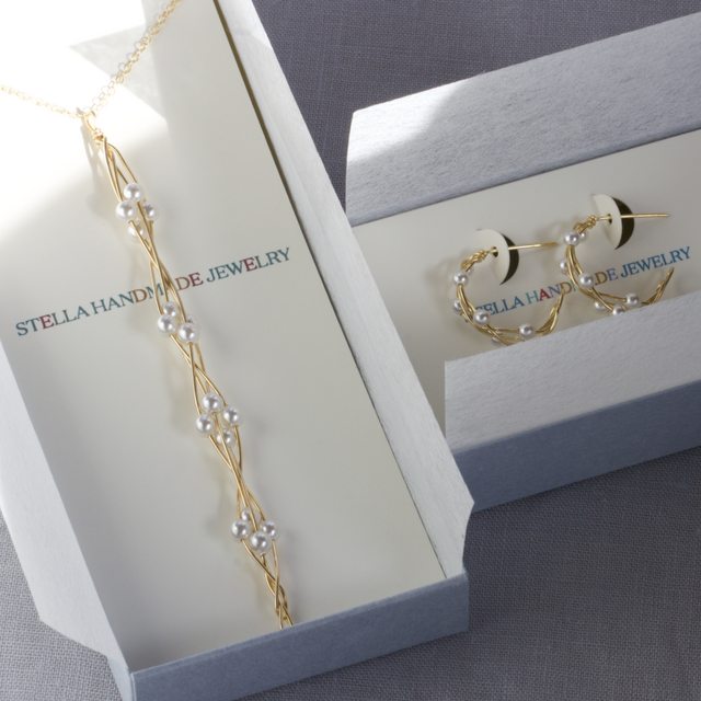 14kgf Swarovski Pearl Twist Pierced Earrings Long Stick Necklace