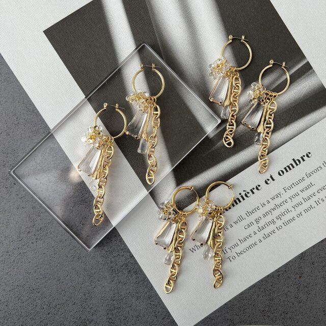 ゴールド ][ イヤリング変更可能 ] gold & clear chain pierce earring