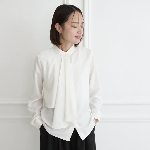 式典〜普段着も◎ 結ばず決まる 洗えるボウタイブラウス 長袖 シワに