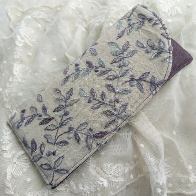 リネン*刺繍生地*メガネケース*リーフ
