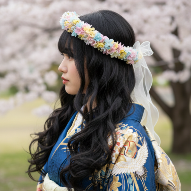 成人式　卒業式　結婚式　花冠　花かんむり　紫陽花の花冠　振袖　袴　和装　ウェディング　色打掛　白無垢　婚礼　OHANA