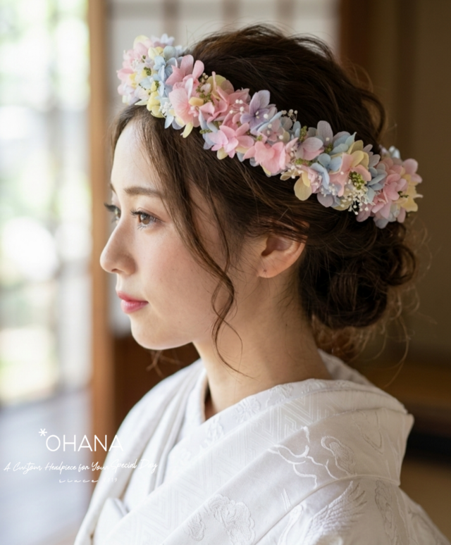 【新品/未使用】ヘッドドレス　ヘッドピース　カチューシャ　紫陽花　羽根飾り 夢色】紫陽花 花冠 結婚式 前撮り ウェディング 卒業式 袴 成人式
