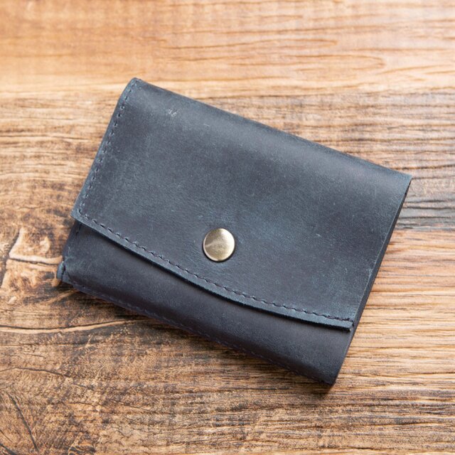 カードサイズの小さい財布 三つ折り ミニ財布 本革 レザー ミニマム ミニウォレット ネイビー HAW008