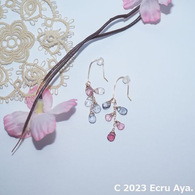 *桜酔Ⅰ*艶やかな桜をイメージしたスピネルのアシンメトリーピアス