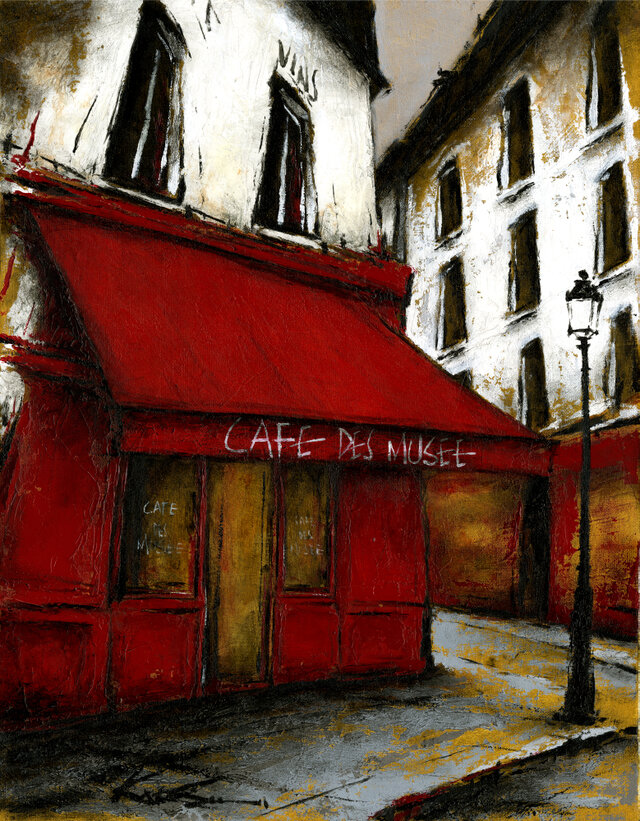 風景画 パリ 油絵「街角の赤いひさしのあるカフェ」 | iichi 日々の ...