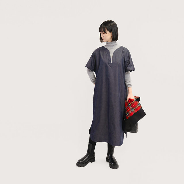 2色 岡山デニム 年間通して一枚で 上質 カフタンワンピース 色落ちしない紺／黒 ●IV-KAFOP●