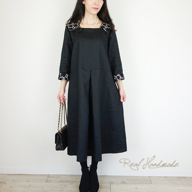 [即納] ヨーロッパブラックリネンケミカルレースタックワンピース