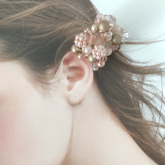 桜色 の ビーズボール ビジュー クロッシェ シュシュ ピンク ヘアゴム