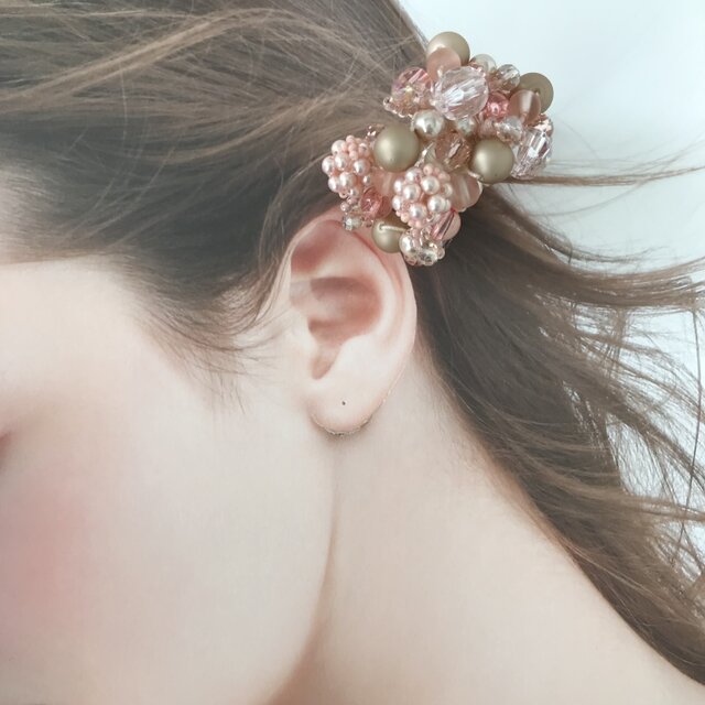 桜色 の ビーズボール ビジュー クロッシェ シュシュ ピンク ヘアゴム
