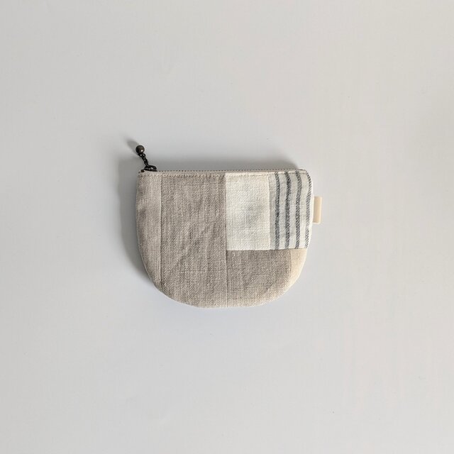 リネンのファスナーポーチ/ナチュラル　パッチワーク　コインケース　