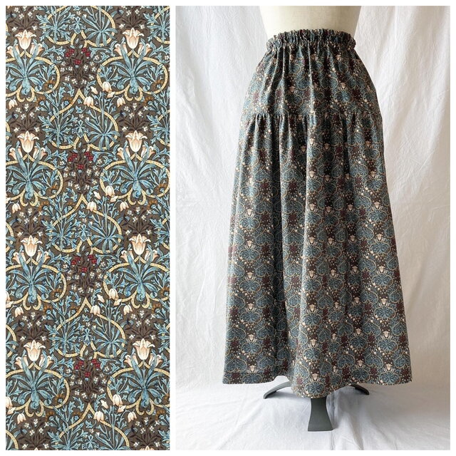 レディのためのティアードスカート：85cm（アンティークダマスク：ブラウン）