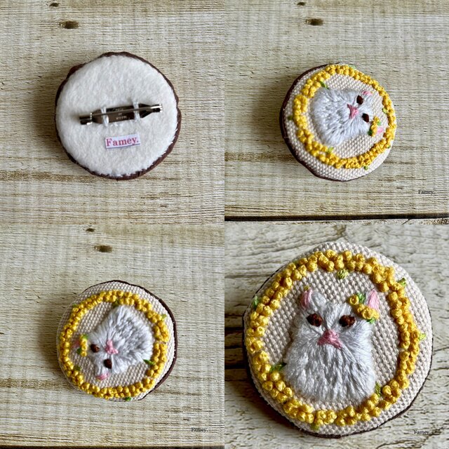 手刺繍ミモザリースと白猫ちゃんのブローチ 国産帆布 ミモザ 猫