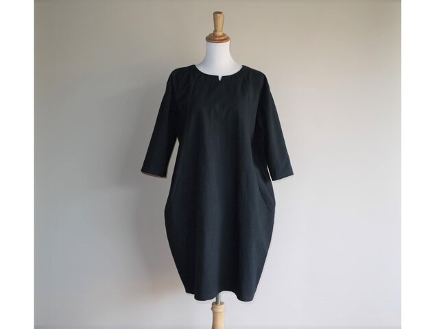 黒の七分袖ワンピース サックワンピース 七分袖◇黒【やわらかコットンリネン】◇S・M