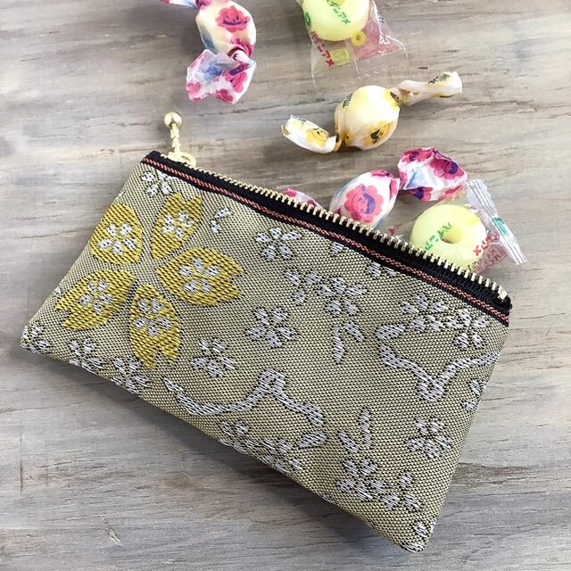 【金桜】畳縁　ぺたんこ　ミニポーチ　カードケース　小銭入れ　和風　黄　桜
