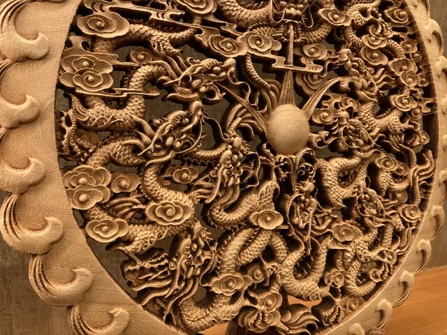威龍戯珠2 26.5cm（龍・竜・雲) 参次元彫刻『雅』 透かし彫 楠