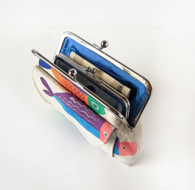 ☆親子がま口☆カラフルなお魚 型染め 外ポケット付き 和風